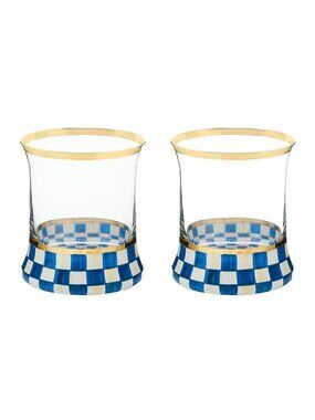 MacKenzie-Childs Royal Check Tumbler Glasses Set of 2 Hand Painted NEW